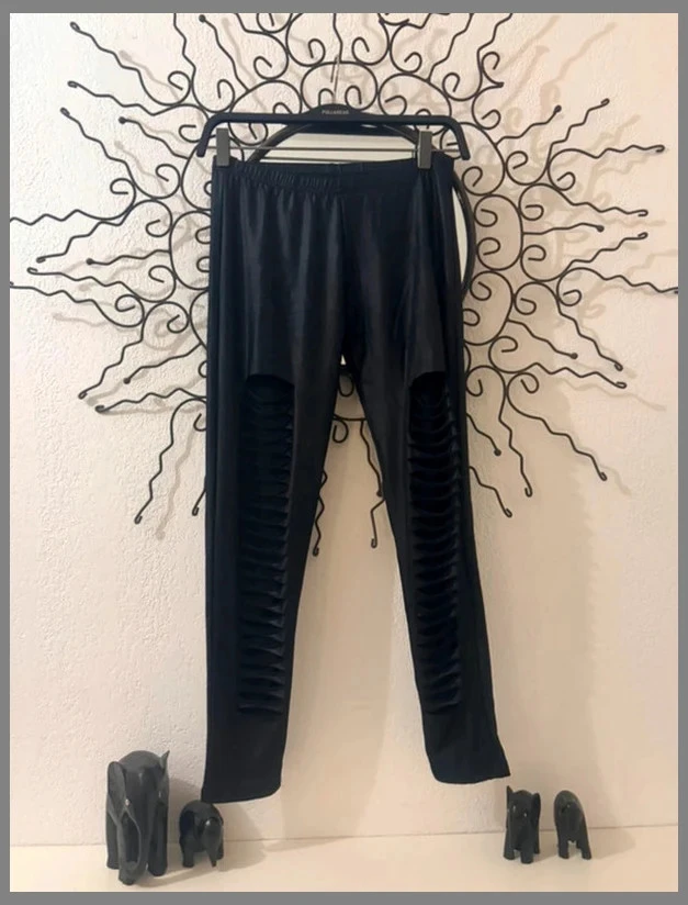 Legging noir "wet look" effet cuir brillant avec déchirures stylisées - Taille unique
